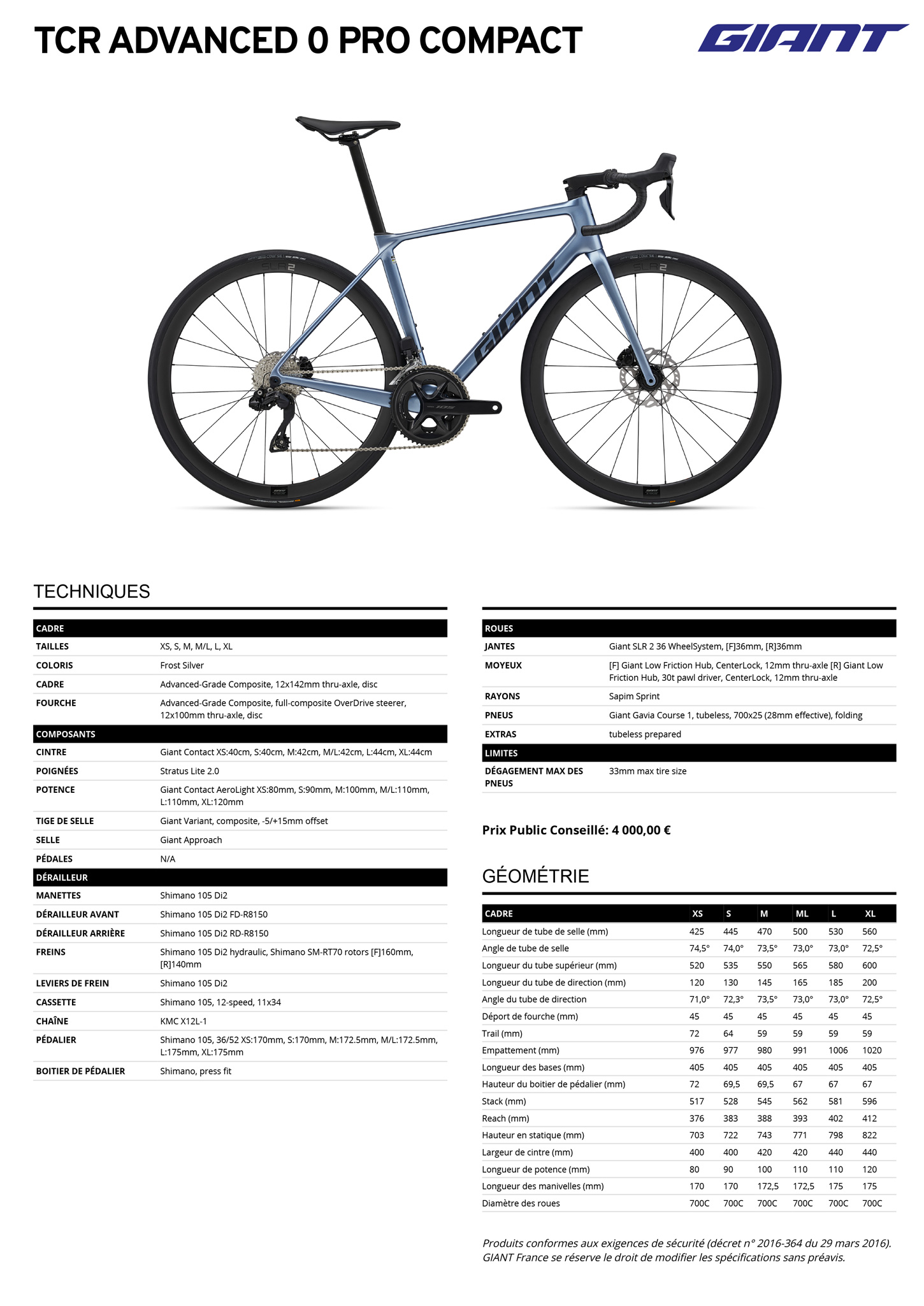 Fiche technique du velo TCR Advanced 0 Pro Compact année 2025