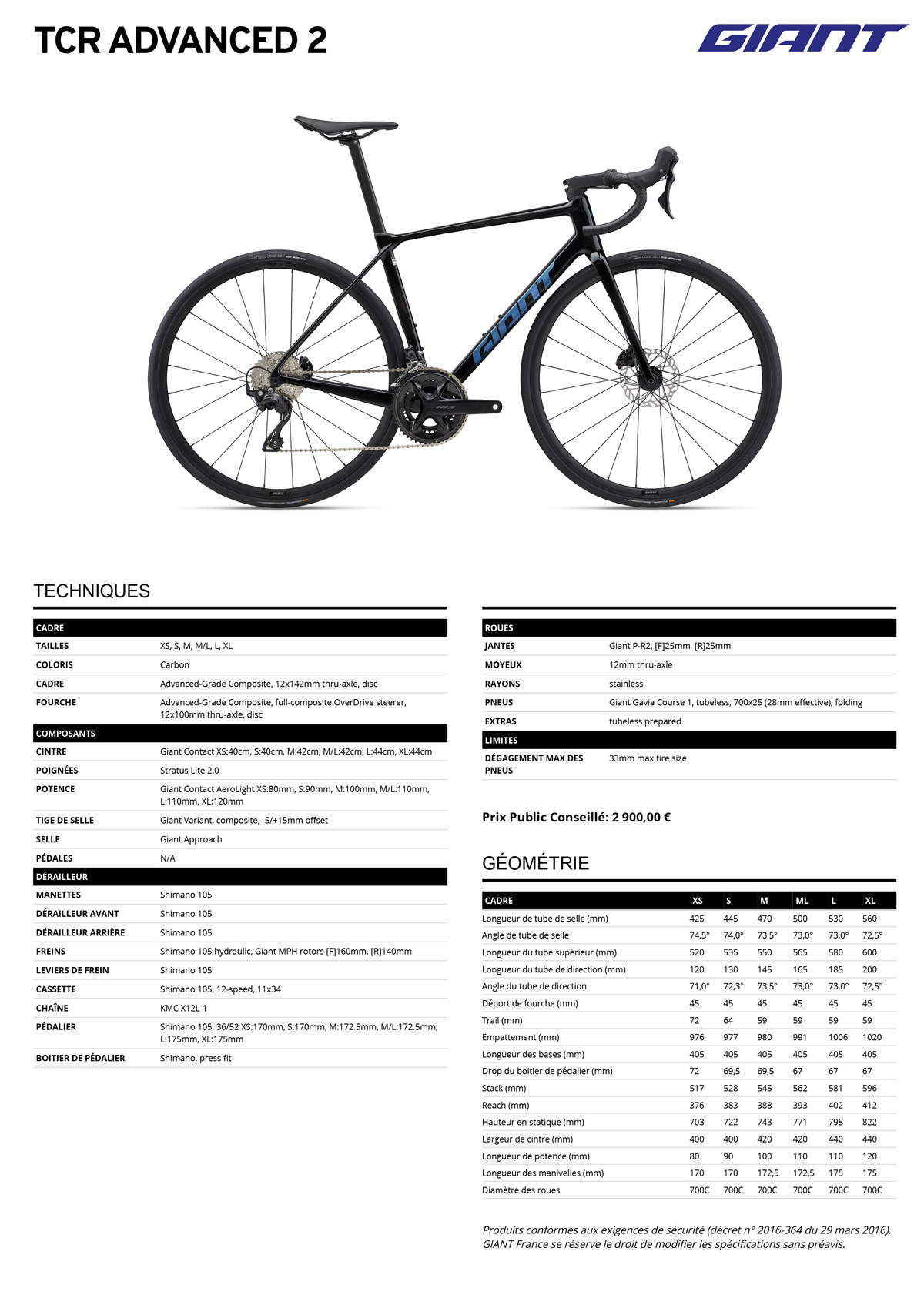 Fiche technique du velo TCR Advanced 2 Pro Compact année 2025