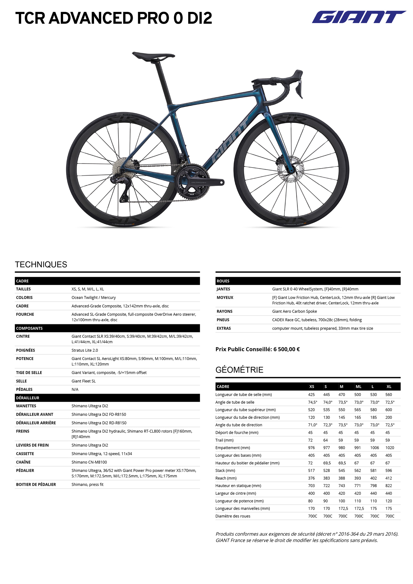 Fiche technique du velo TCR Advanced Pro 0 Di2  année 2025