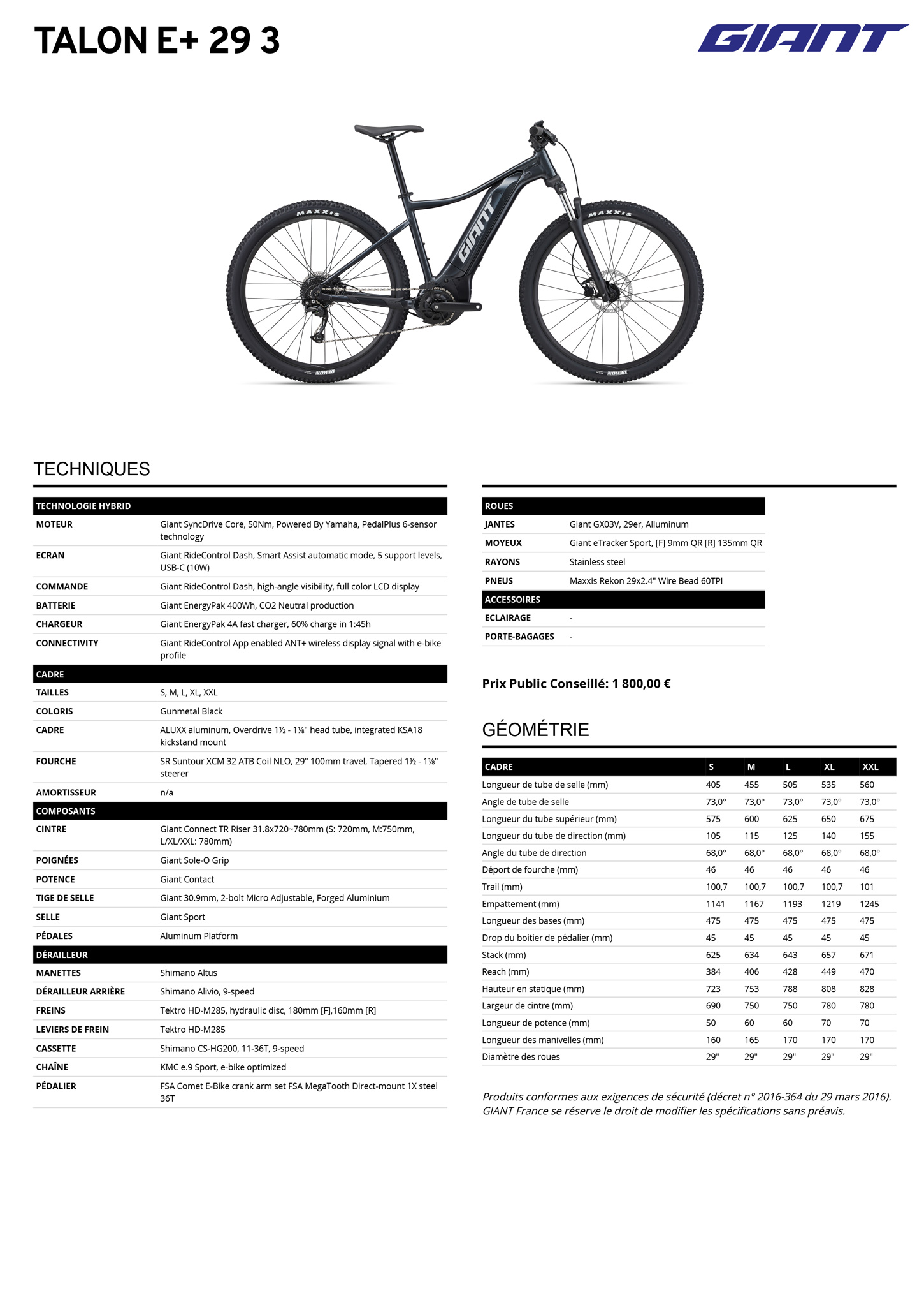 Fiche technique du velo électrique Talon E+ 3 année 2023