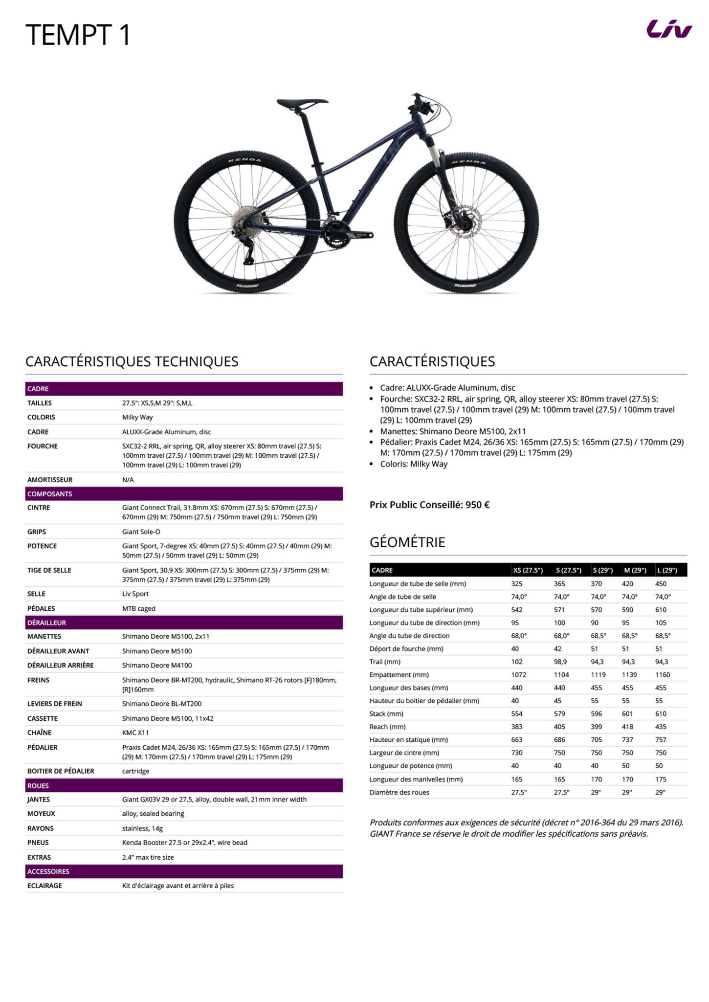 Fiche technique du velo Tempt 1 année 2022