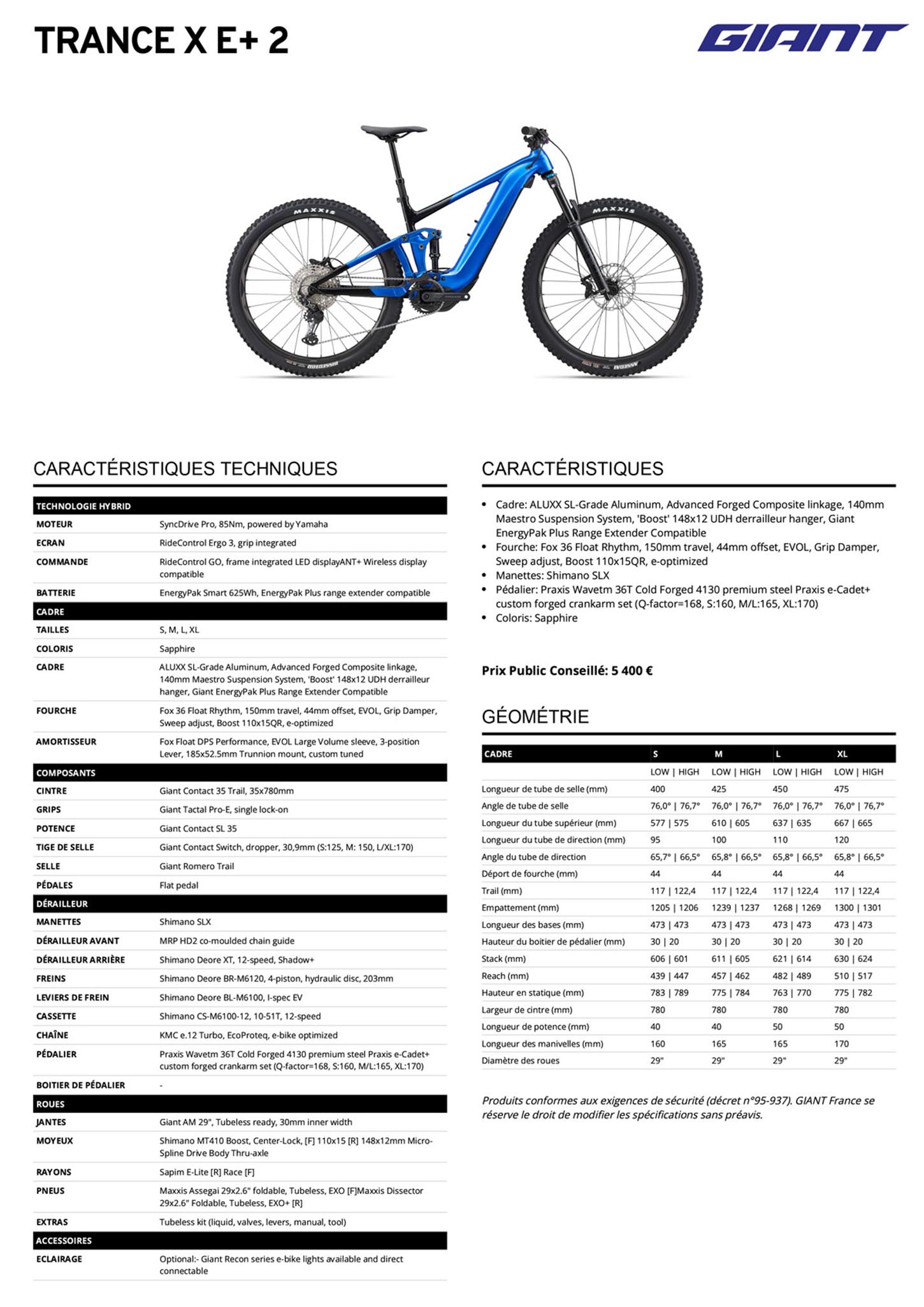 Fiche technique du velo Trance X E+ 2