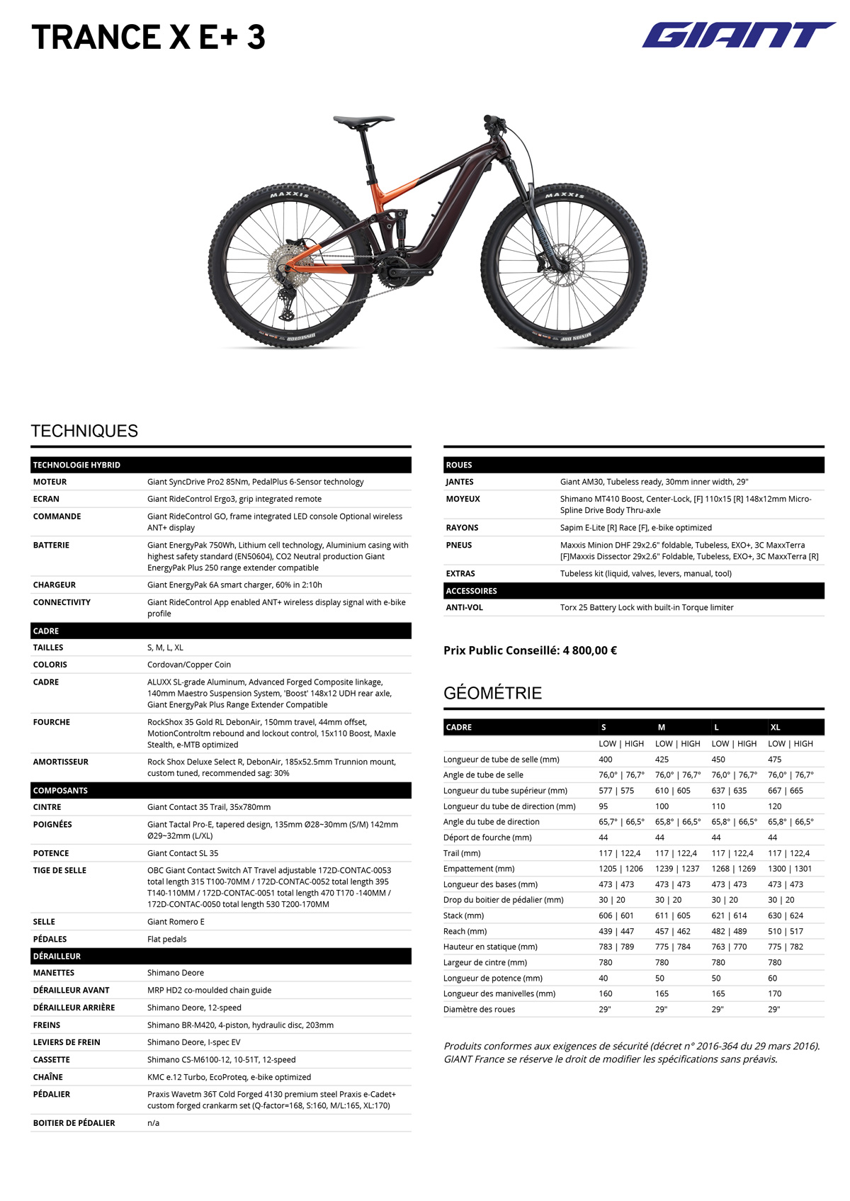 Fiche technique du velo Trance X E+ 3 année 2023