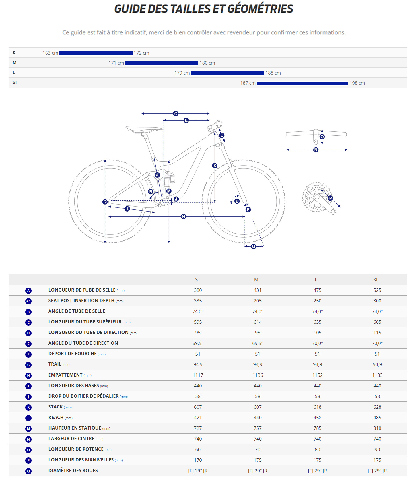 Guide de taille du velo XTC SLR 29 1 année 2025