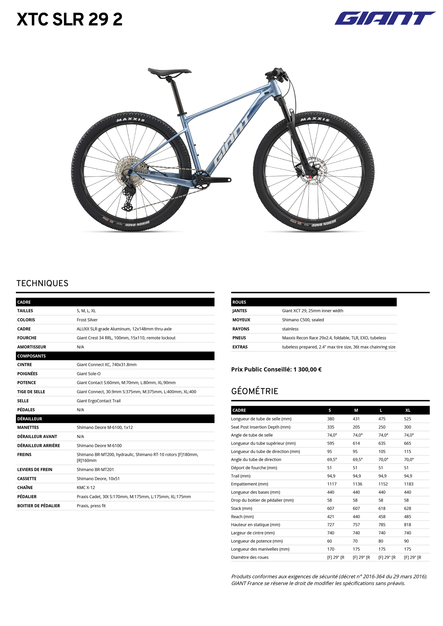 Fiche technique du velo XTC SLR 29 2 année 2025